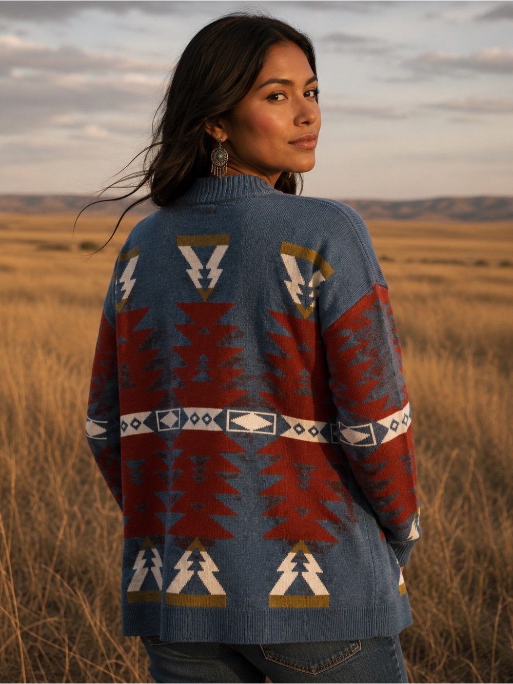 Maya bag southwestern Aztec Open-Front Blue & Rust Geometric Cardigan Sweater - Picture 2 of 6